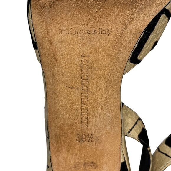 Manolo Blahnik Slingback Snakeskin Heels Black Crystal Buckle Beige Print 39.5 - Picture 12 of 13